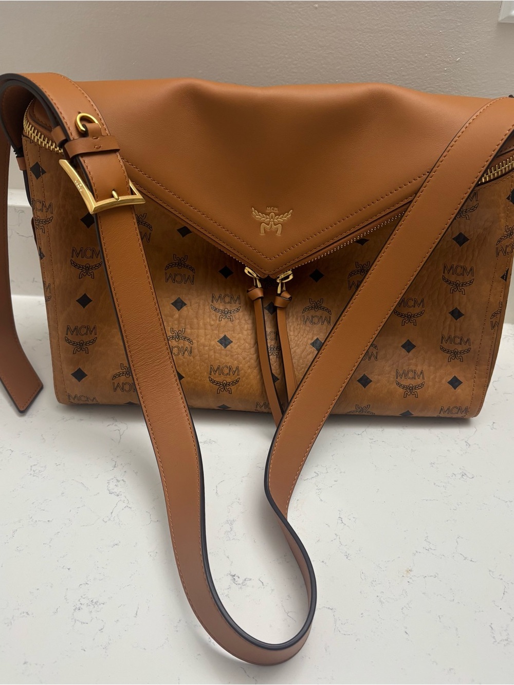 MCM Cognac Monogram Messenger Bag with Tan Leather Strap - Picture 2 of 6